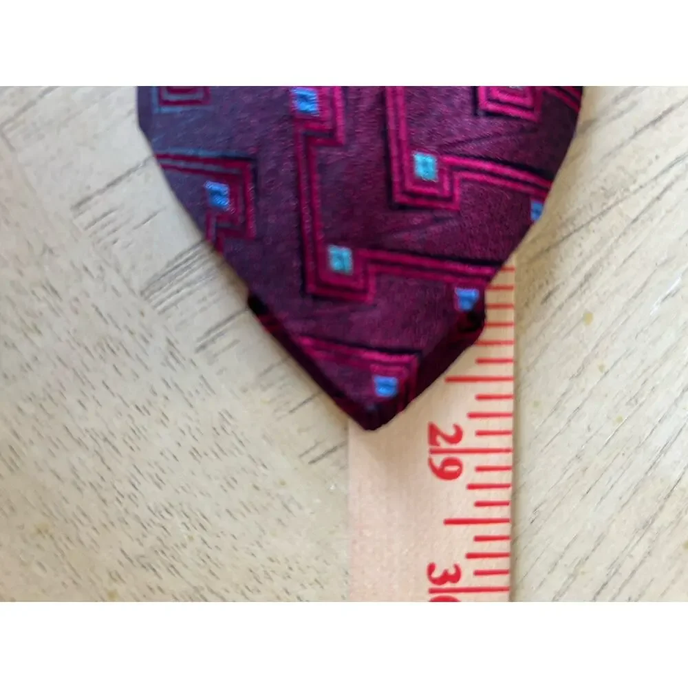 VTG LAZO Silk Necktie Italy Burgundy Metallic Geometric Retro Preppy Pattern 90s